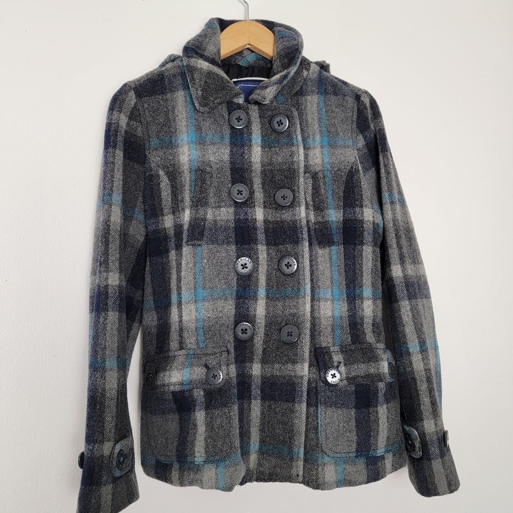 American Eagle Outfitters Y2K Gray Blue Plaid Pea Coat Double Breasted Jacket M